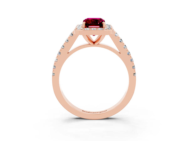 Rose gold Emerald Cut Garnet Halo Ring with Round Pavé Split Shank and Prong Setting