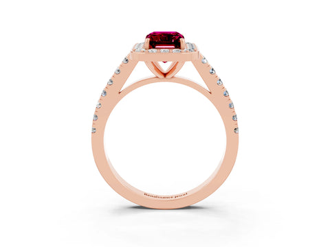 Rose gold Emerald Cut Halo Diamond Ring with Pavé Band and Three-Prong Setting_3