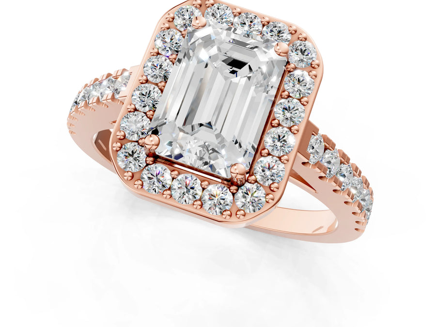 Rose gold Emerald Cut Halo Diamond Ring with Pavé Band and Three-Prong Setting