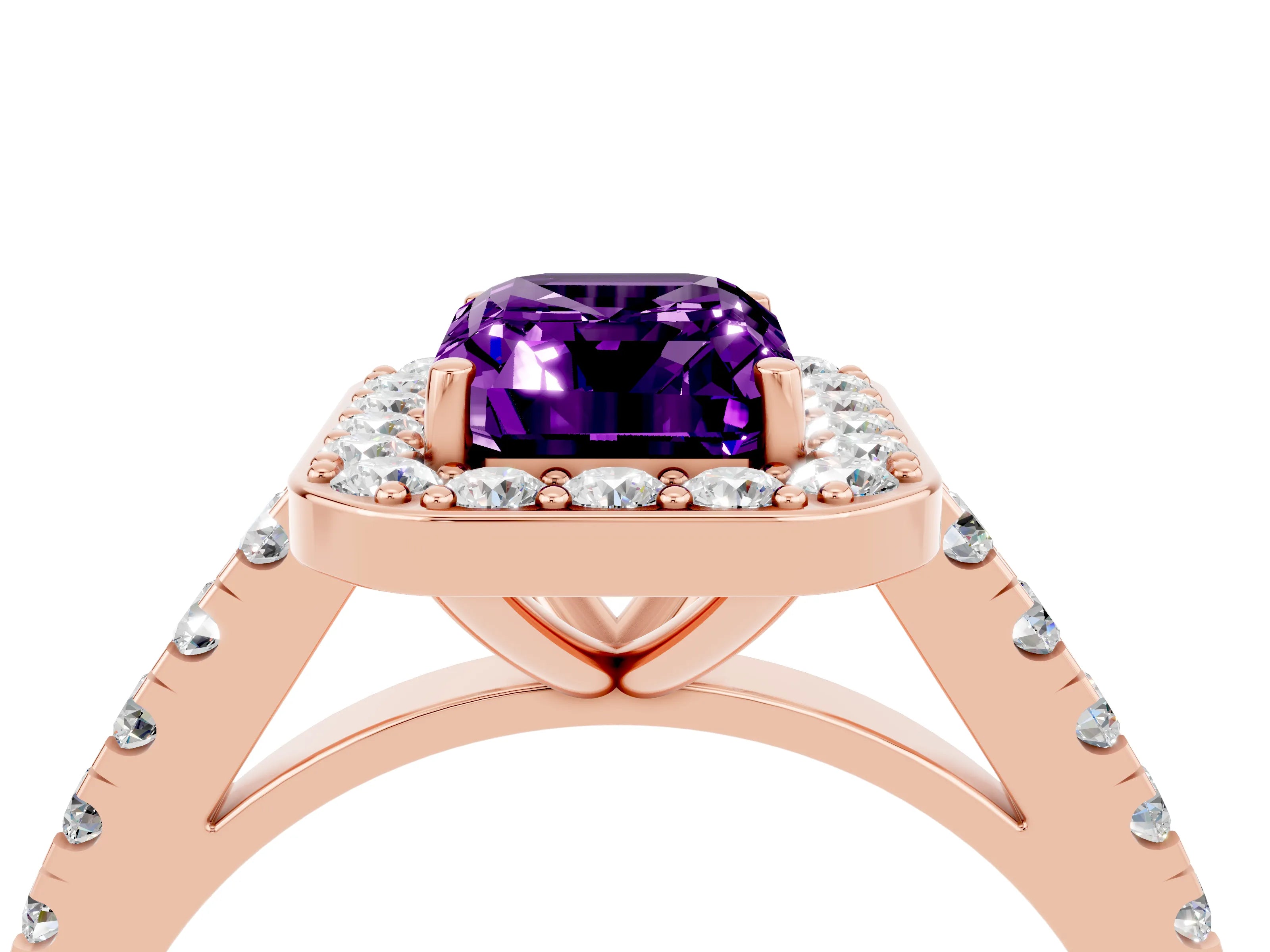 Rose gold Emerald Cut Halo Diamond Ring with Pavé Band and Three-Prong Setting_4