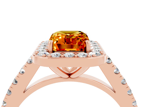 Rose gold Emerald Cut Halo Diamond Ring with Pavé Band and Three-Prong Setting_4