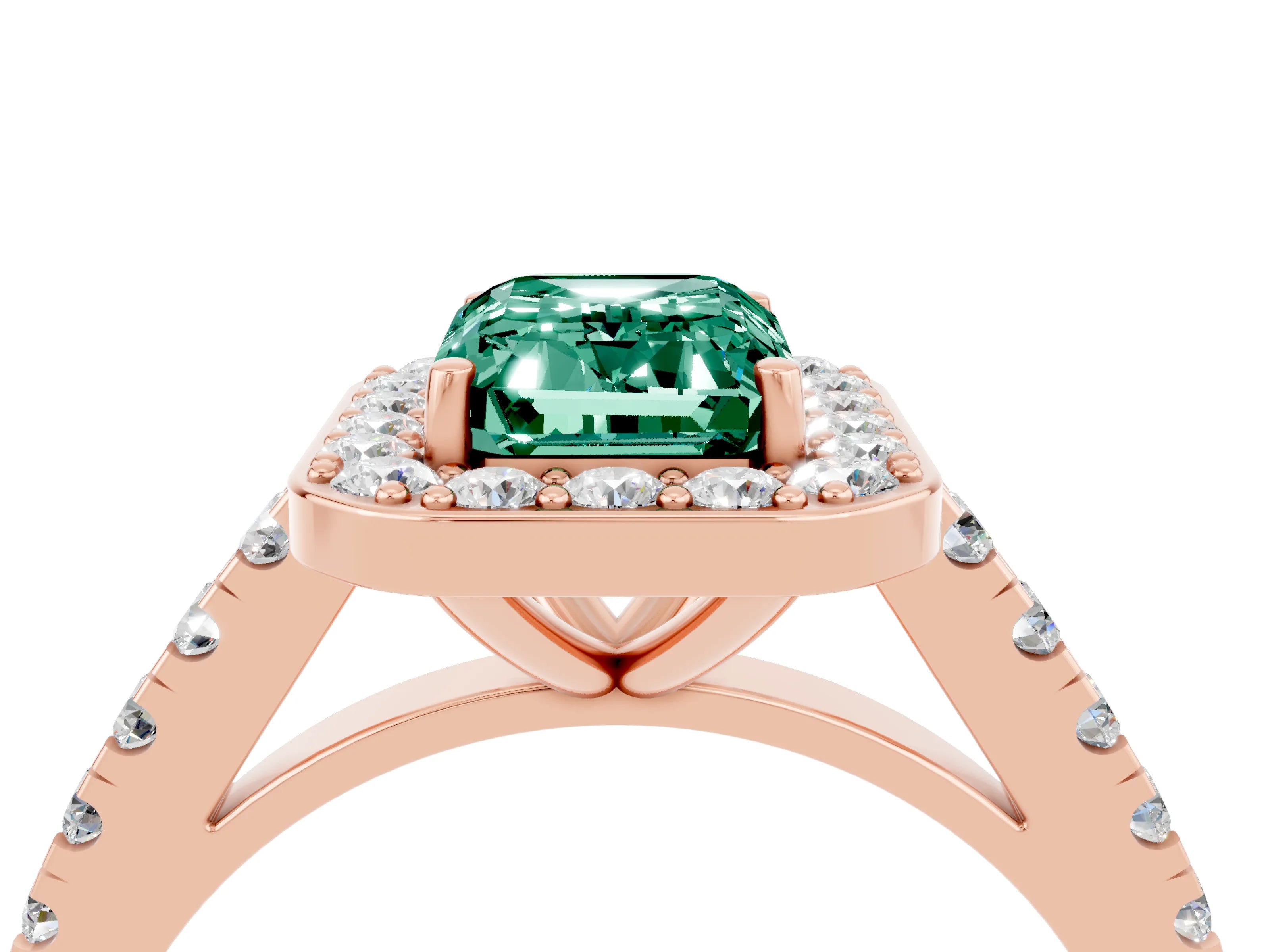 Rose gold Emerald Cut Halo Diamond Ring with Pavé Band and Three-Prong Setting_4