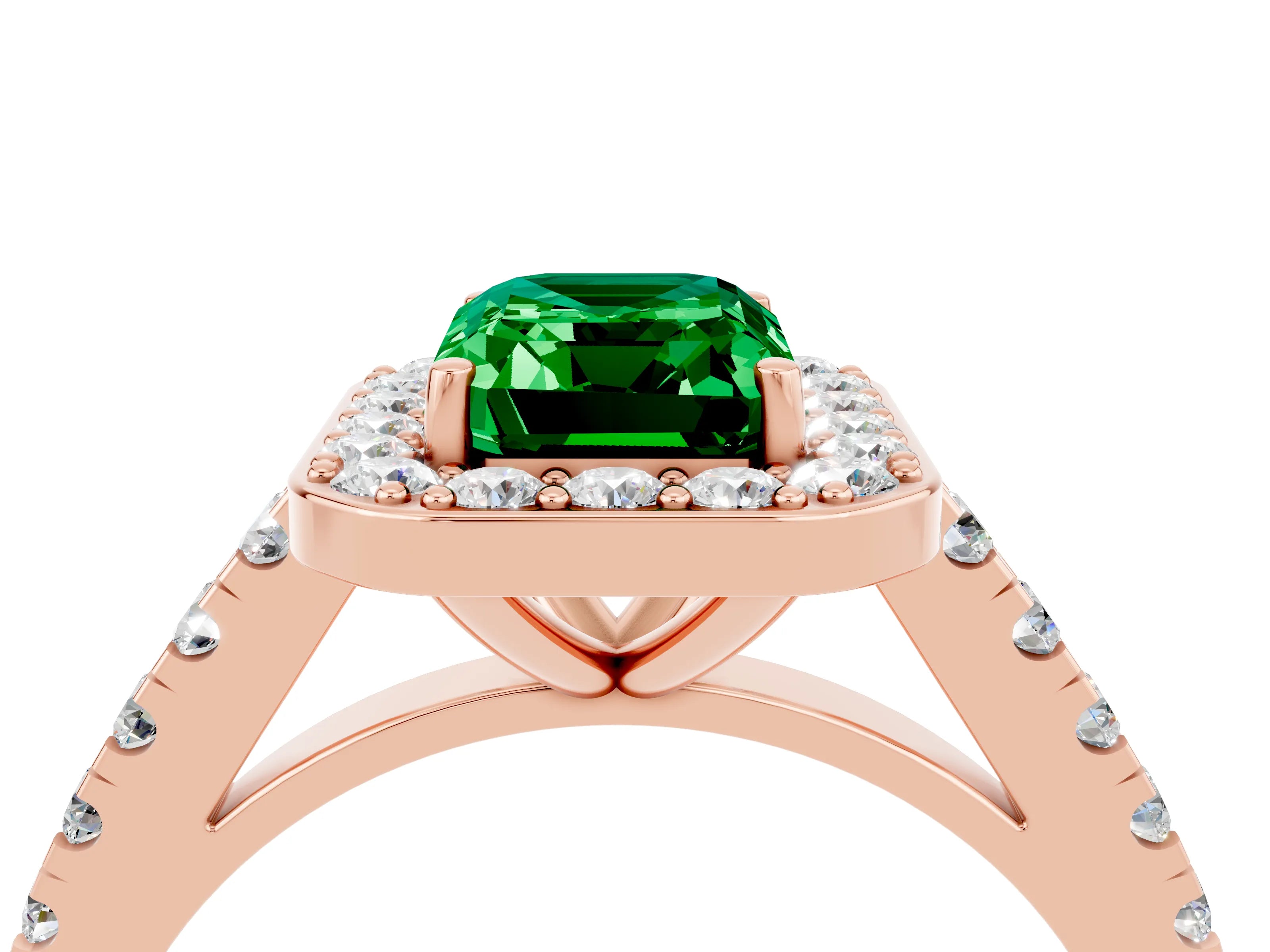 Rose gold Emerald Cut Halo Diamond Ring with Pavé Band and Three-Prong Setting_4