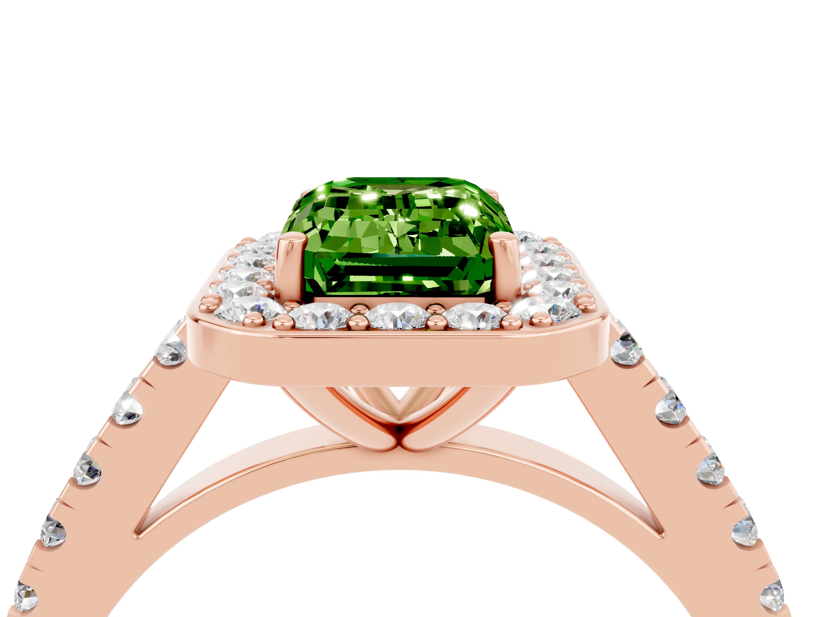 Rose gold Emerald Cut Halo Diamond Ring with Pavé Band and Three-Prong Setting_4