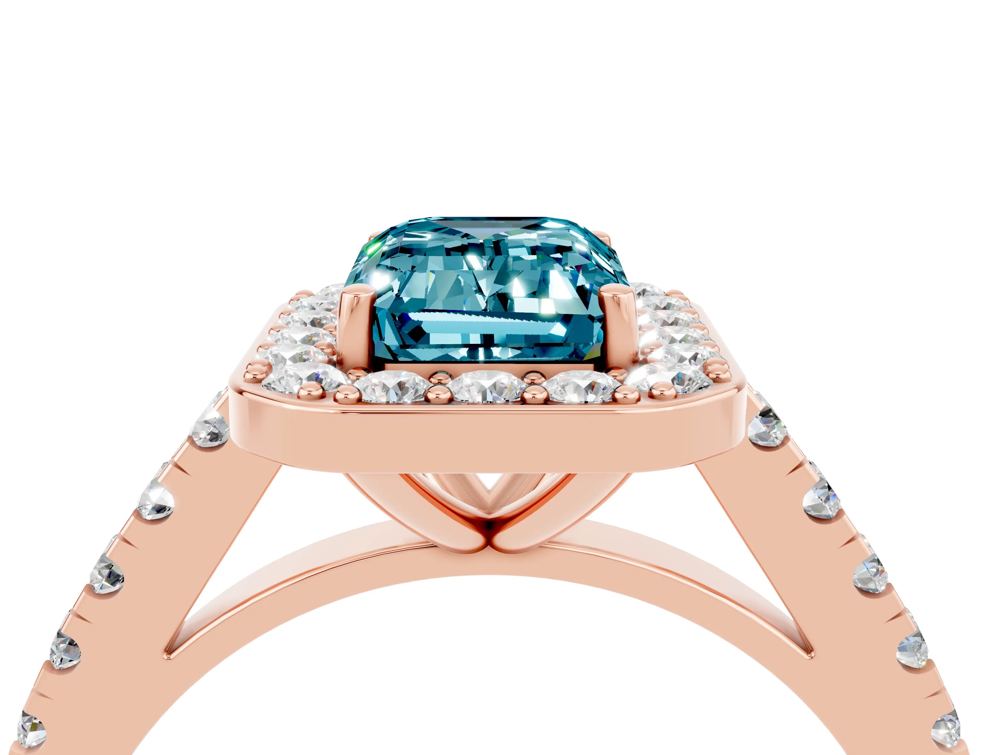 Rose gold Emerald Cut Halo Diamond Ring with Pavé Band and Three-Prong Setting_4