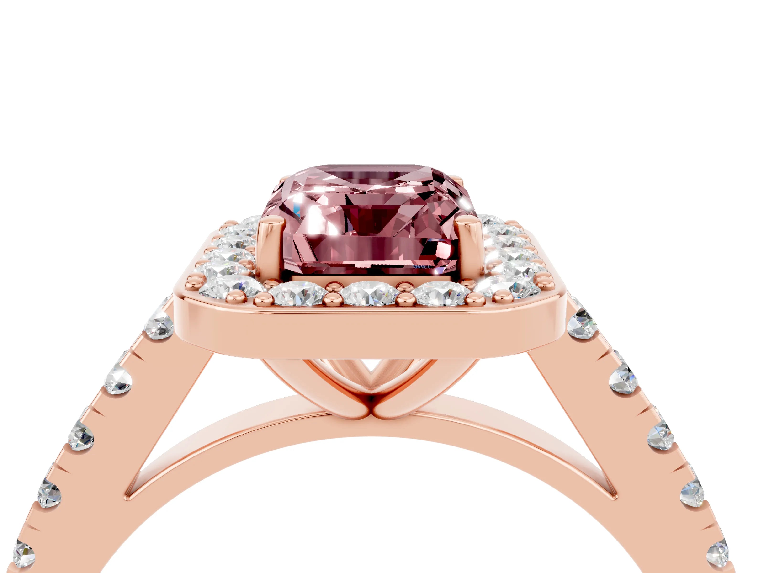 Rose gold Emerald Cut Halo Diamond Ring with Pavé Band and Three-Prong Setting_4