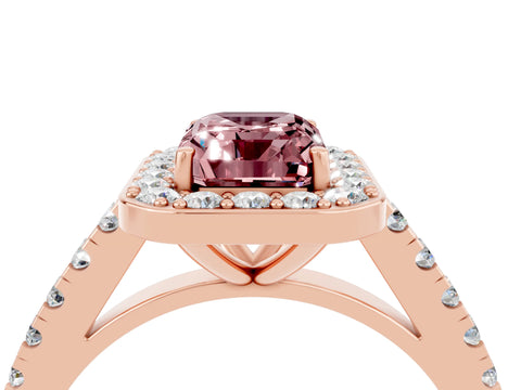 Rose gold Emerald Cut Halo Diamond Ring with Pavé Band and Three-Prong Setting_4