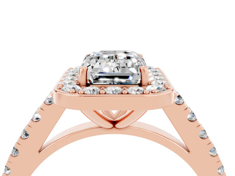 Rose gold Emerald Cut Halo Diamond Ring with Pavé Band and Three-Prong Setting_4