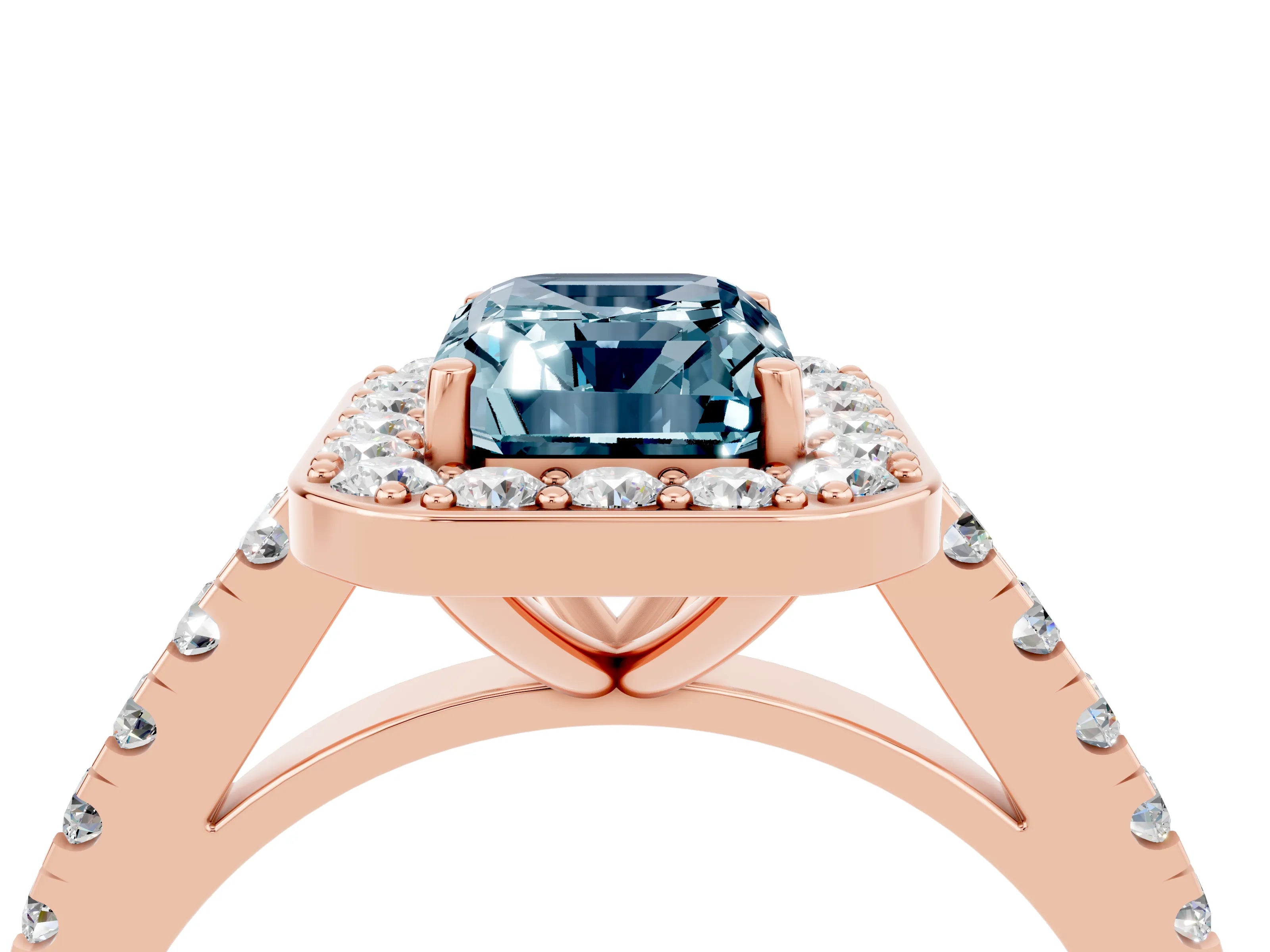 Rose gold Emerald Cut Halo Diamond Ring with Pavé Band and Three-Prong Setting_4