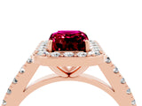 Rose gold Emerald Cut Halo Diamond Ring with Pavé Band and Three-Prong Setting_4