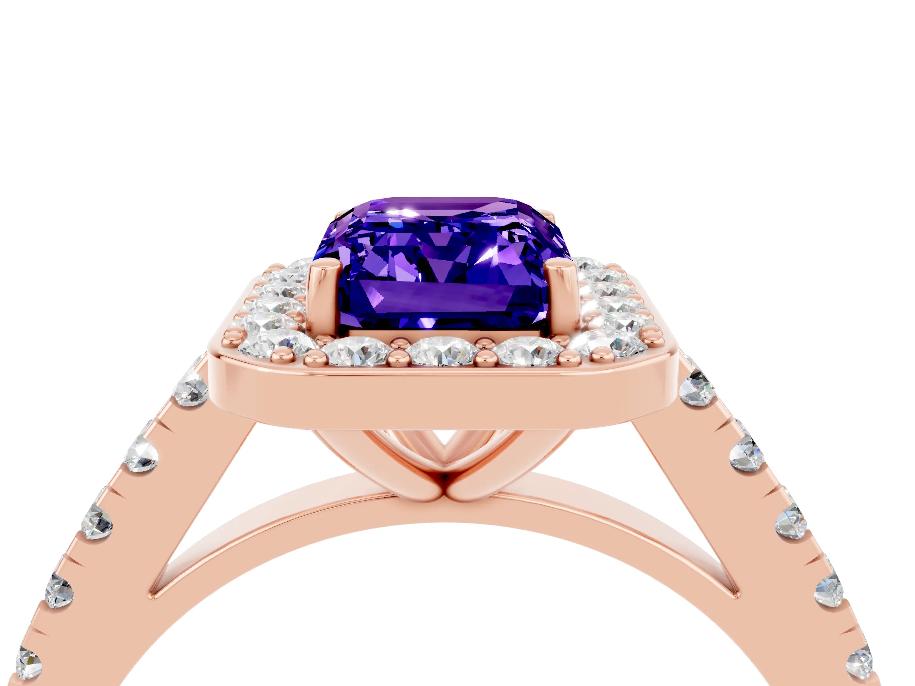 Rose gold Emerald Cut Halo Diamond Ring with Pavé Band and Three-Prong Setting_4
