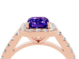 Rose gold Emerald Cut Halo Diamond Ring with Pavé Band and Three-Prong Setting_4