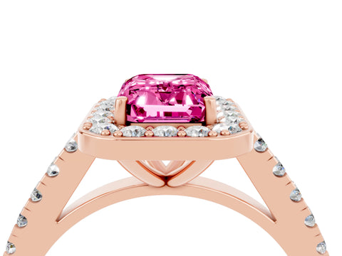 Rose gold Emerald Cut Halo Diamond Ring with Pavé Band and Three-Prong Setting_4