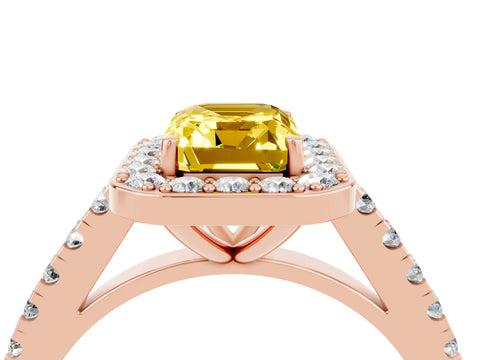 Rose gold Emerald Cut Halo Diamond Ring with Pavé Band and Three-Prong Setting_4