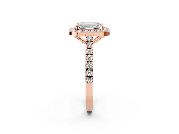 Rose gold Emerald Cut Halo Diamond Ring with Pavé Band and Three-Prong Setting