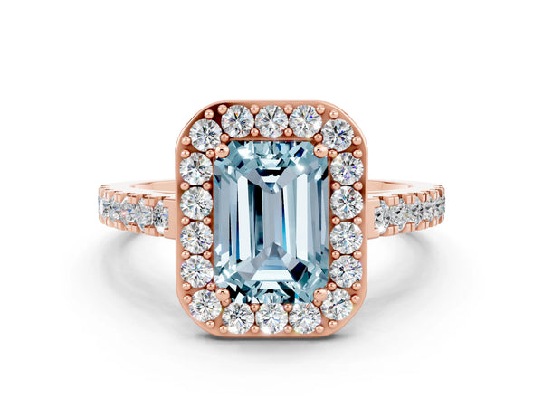 Rose gold Emerald Cut Aquamarine Halo Ring with Round Pavé Split Shank and Prong Setting