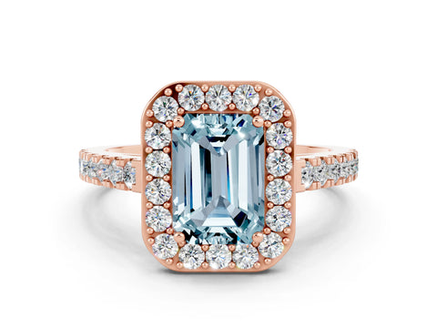 Rose gold Emerald Cut Halo Diamond Ring with Pavé Band and Three-Prong Setting