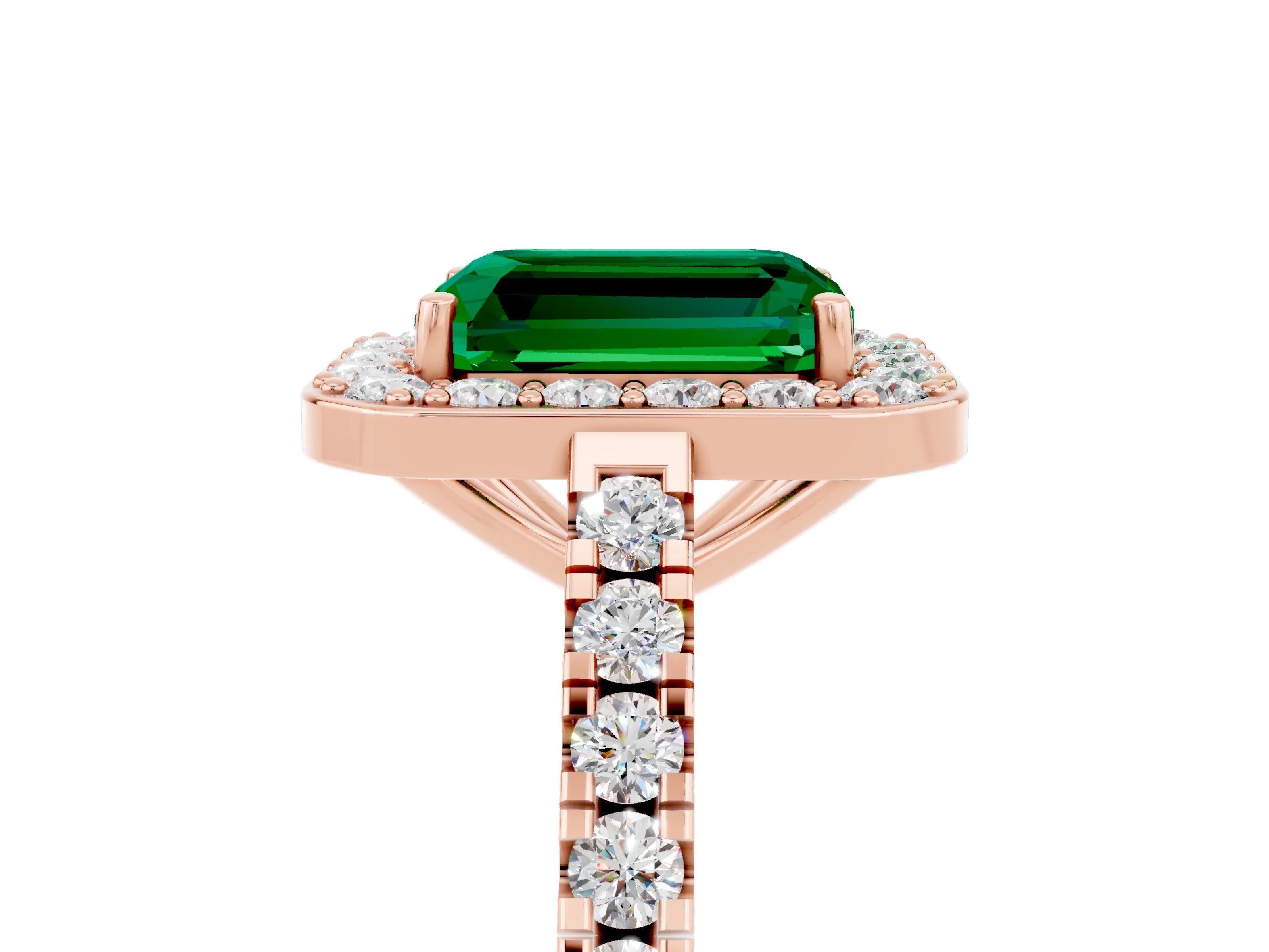 Rose gold Emerald Cut Halo Diamond Ring with Pavé Band and Three-Prong Setting_5