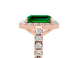 Rose gold Emerald Cut Halo Diamond Ring with Pavé Band and Three-Prong Setting_5