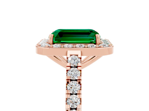 Rose gold Emerald Cut Halo Diamond Ring with Pavé Band and Three-Prong Setting_5