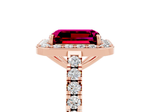 Rose gold Emerald Cut Halo Diamond Ring with Pavé Band and Three-Prong Setting_5