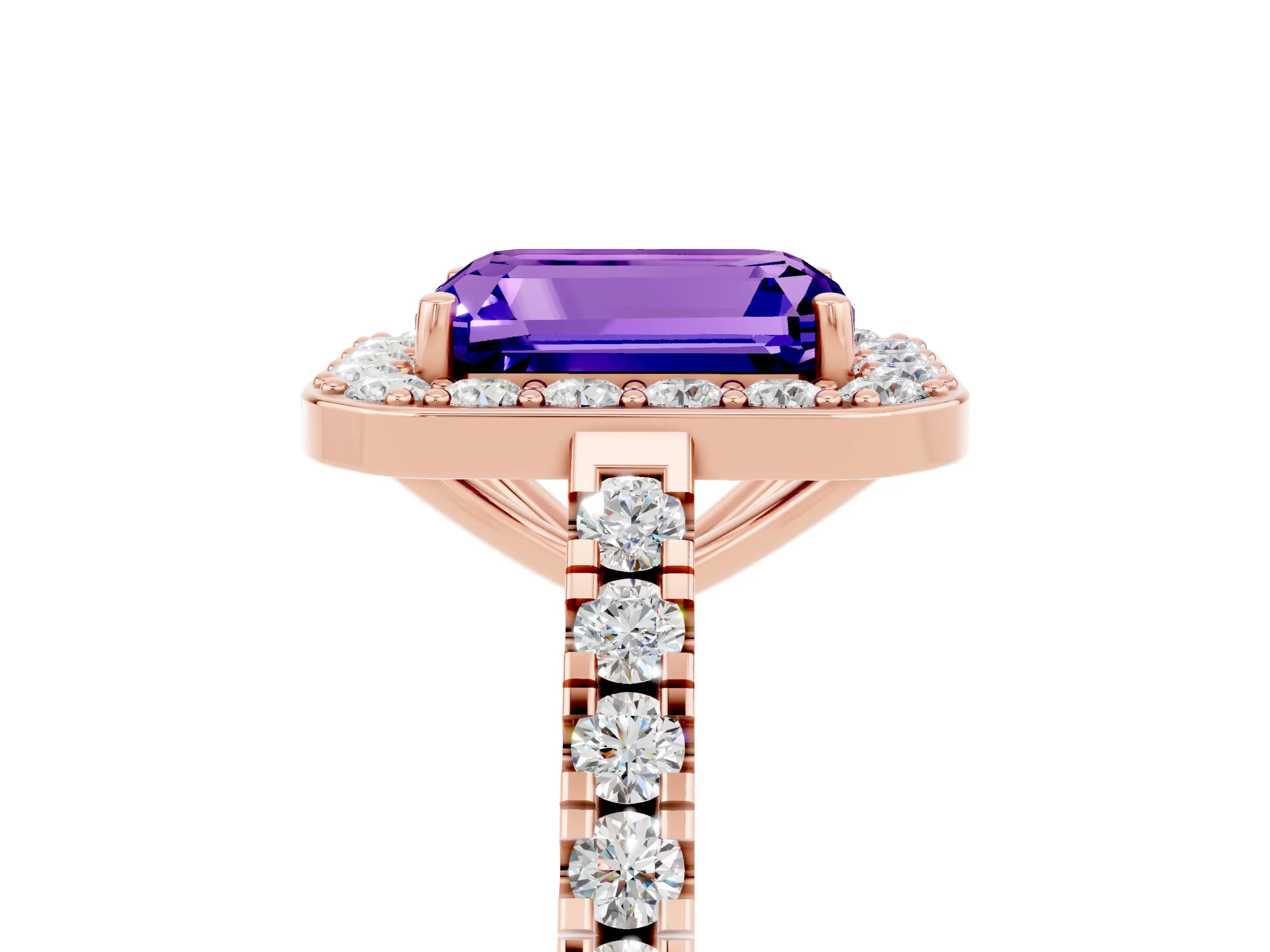 Rose gold Emerald Cut Halo Diamond Ring with Pavé Band and Three-Prong Setting_5