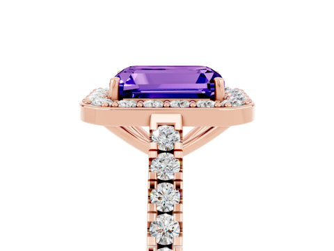 Rose gold Emerald Cut Halo Diamond Ring with Pavé Band and Three-Prong Setting_5
