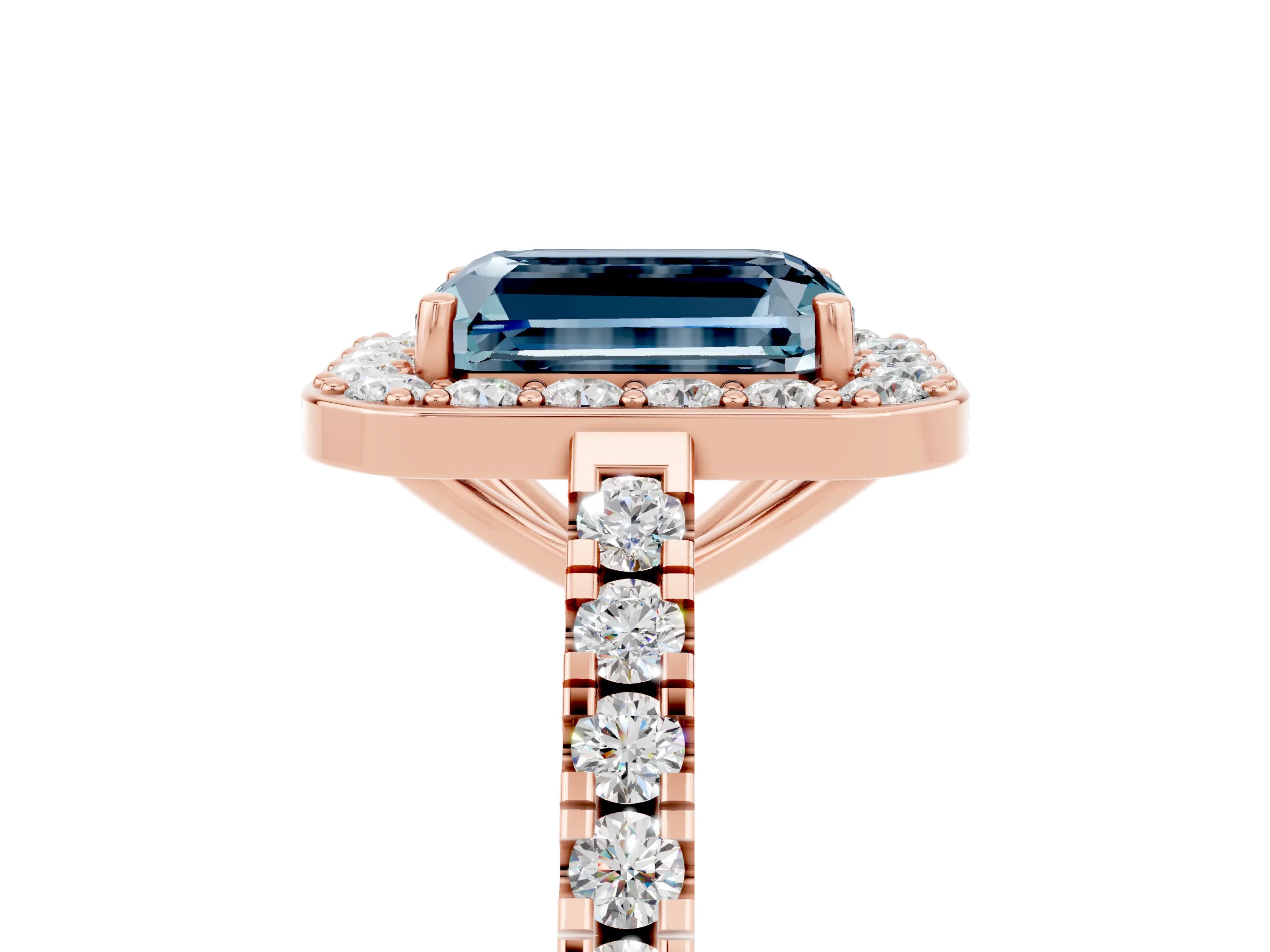 Rose gold Emerald Cut Halo Diamond Ring with Pavé Band and Three-Prong Setting_5