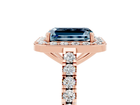 Rose gold Emerald Cut Halo Diamond Ring with Pavé Band and Three-Prong Setting_5