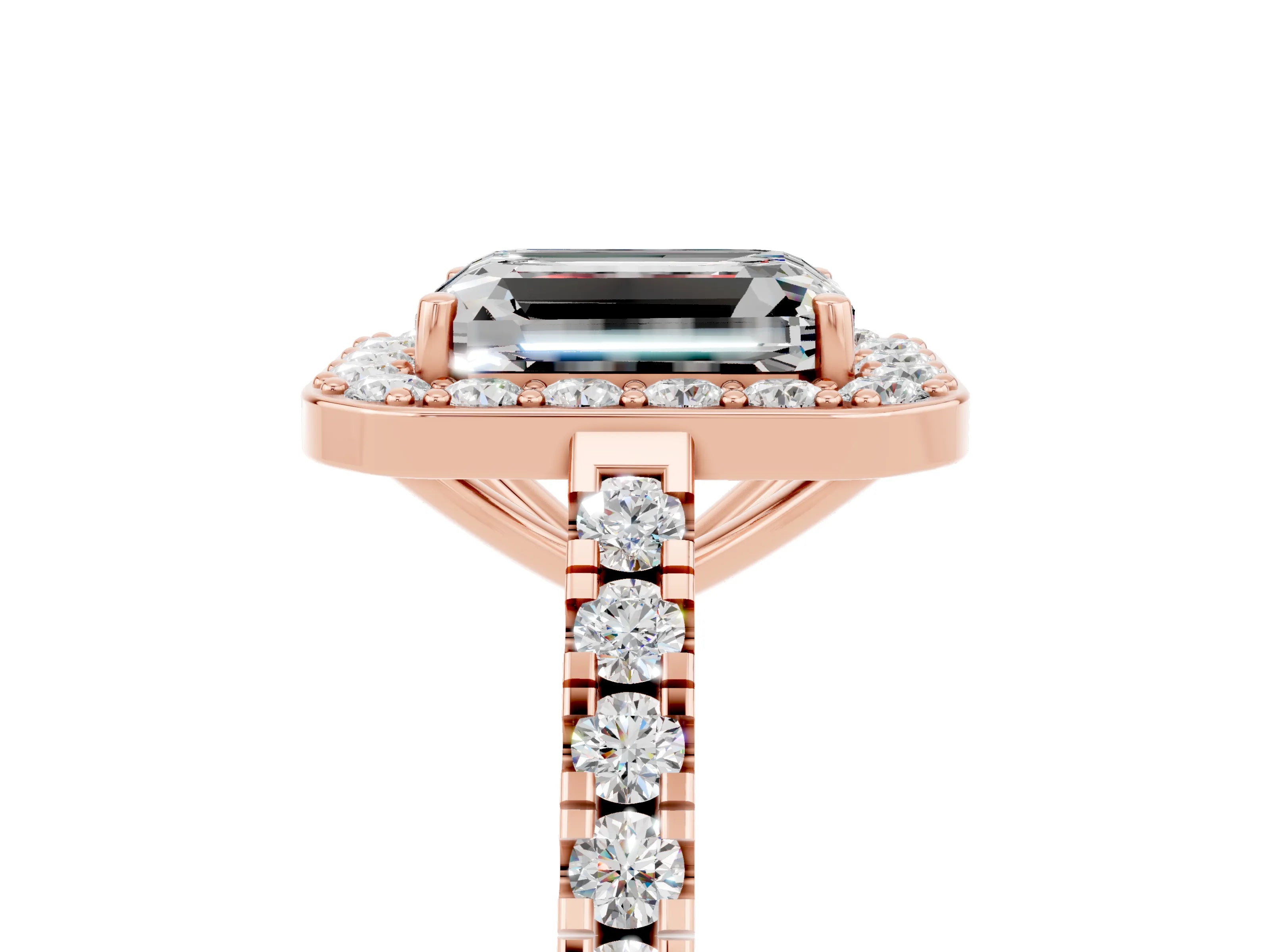 Rose gold Emerald Cut Halo Diamond Ring with Pavé Band and Three-Prong Setting_5