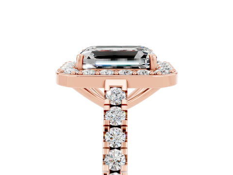 Rose gold Emerald Cut Halo Diamond Ring with Pavé Band and Three-Prong Setting_5