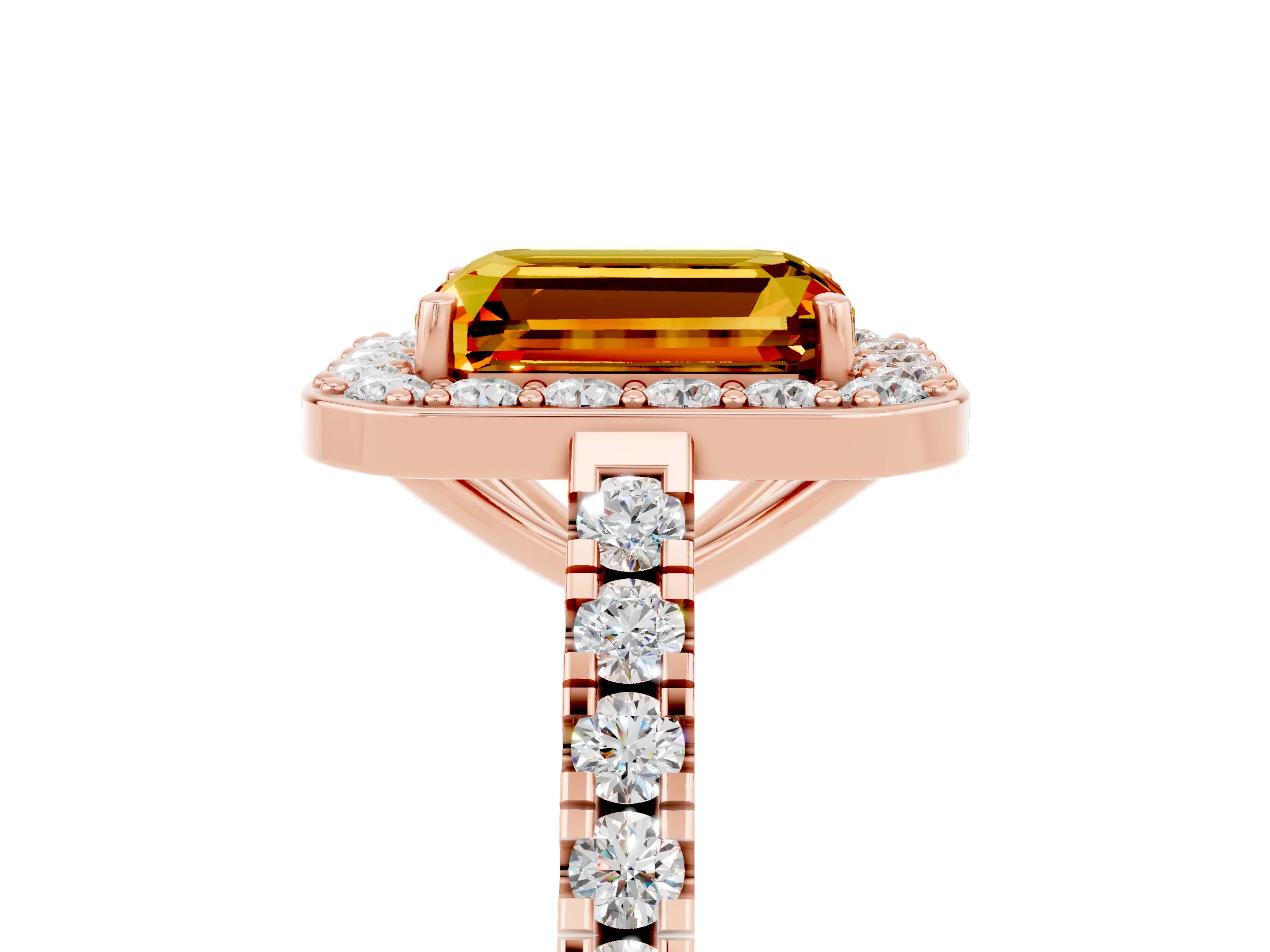 Rose gold Emerald Cut Halo Diamond Ring with Pavé Band and Three-Prong Setting_5