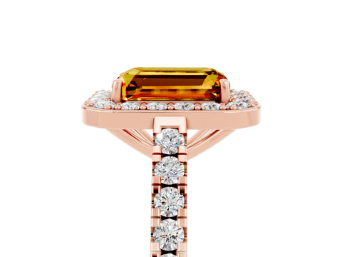 Rose gold Emerald Cut Halo Diamond Ring with Pavé Band and Three-Prong Setting_5