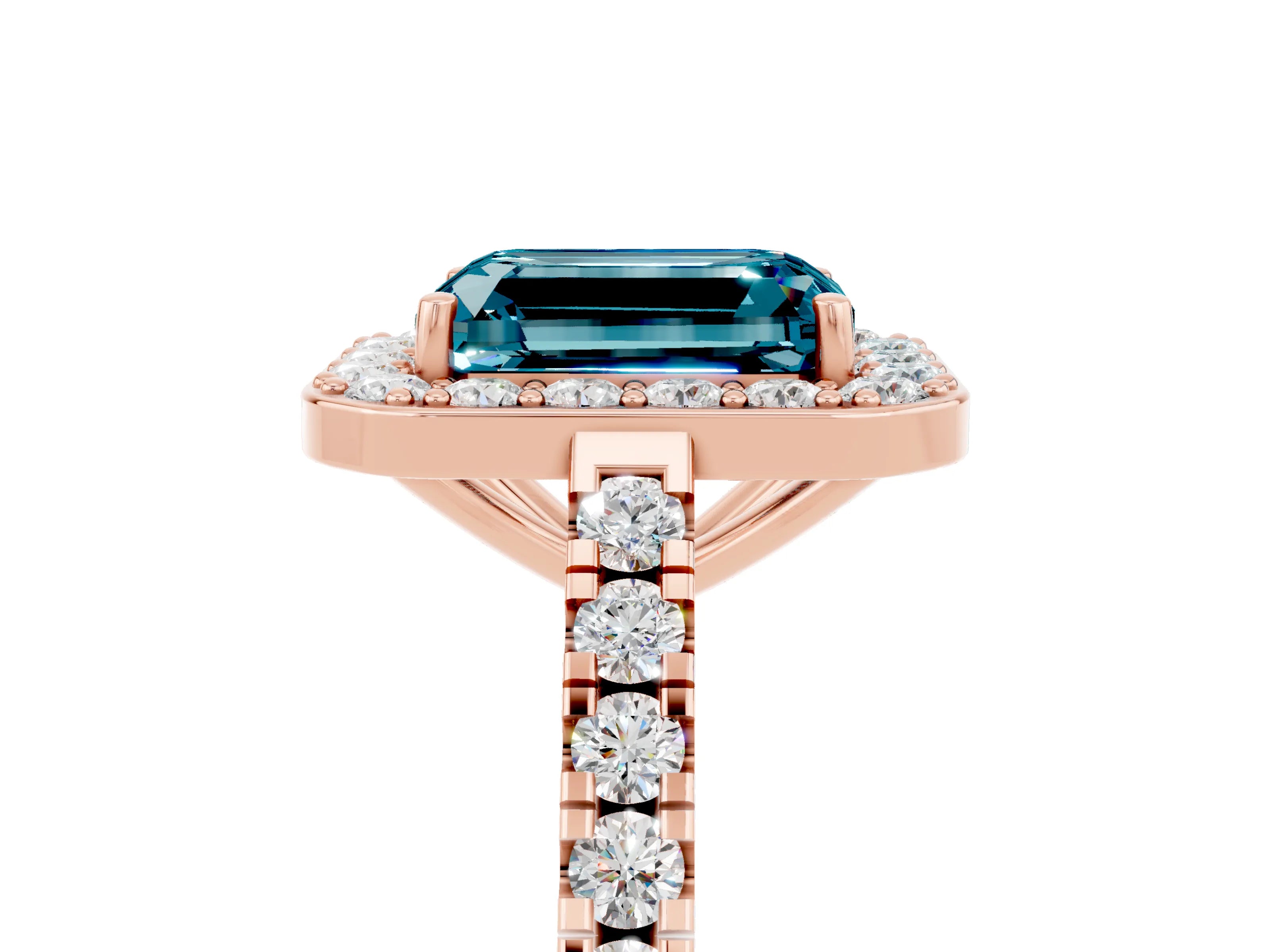 Rose gold Emerald Cut Halo Diamond Ring with Pavé Band and Three-Prong Setting_5