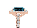 Rose gold Emerald Cut Halo Diamond Ring with Pavé Band and Three-Prong Setting_5
