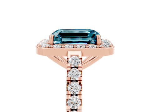Rose gold Emerald Cut Halo Diamond Ring with Pavé Band and Three-Prong Setting_5