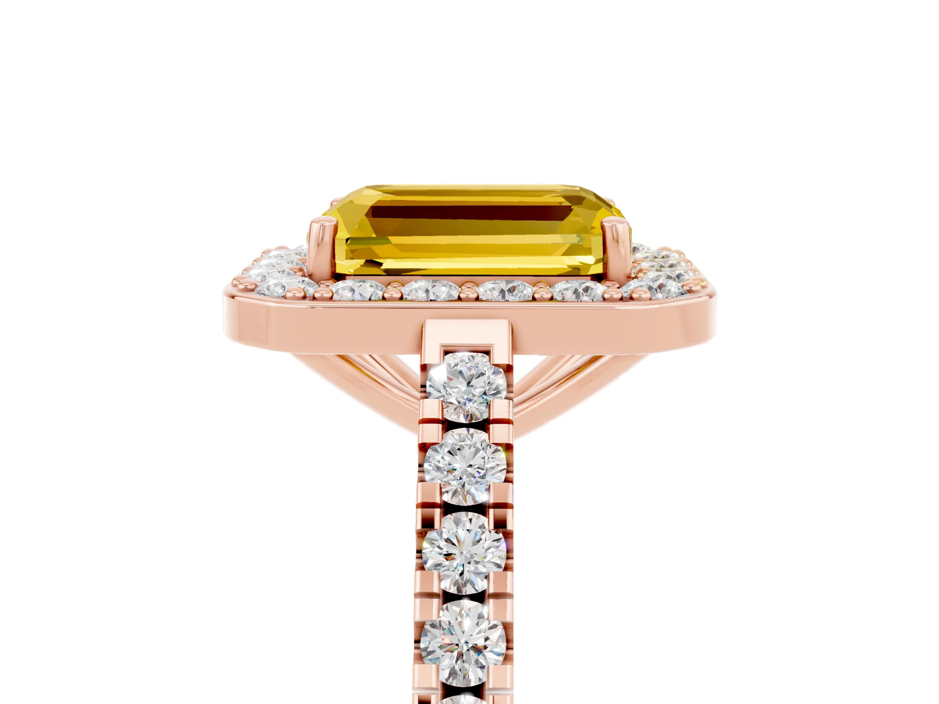 Rose gold Emerald Cut Halo Diamond Ring with Pavé Band and Three-Prong Setting_5