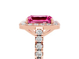 Rose gold Emerald Cut Halo Diamond Ring with Pavé Band and Three-Prong Setting_5
