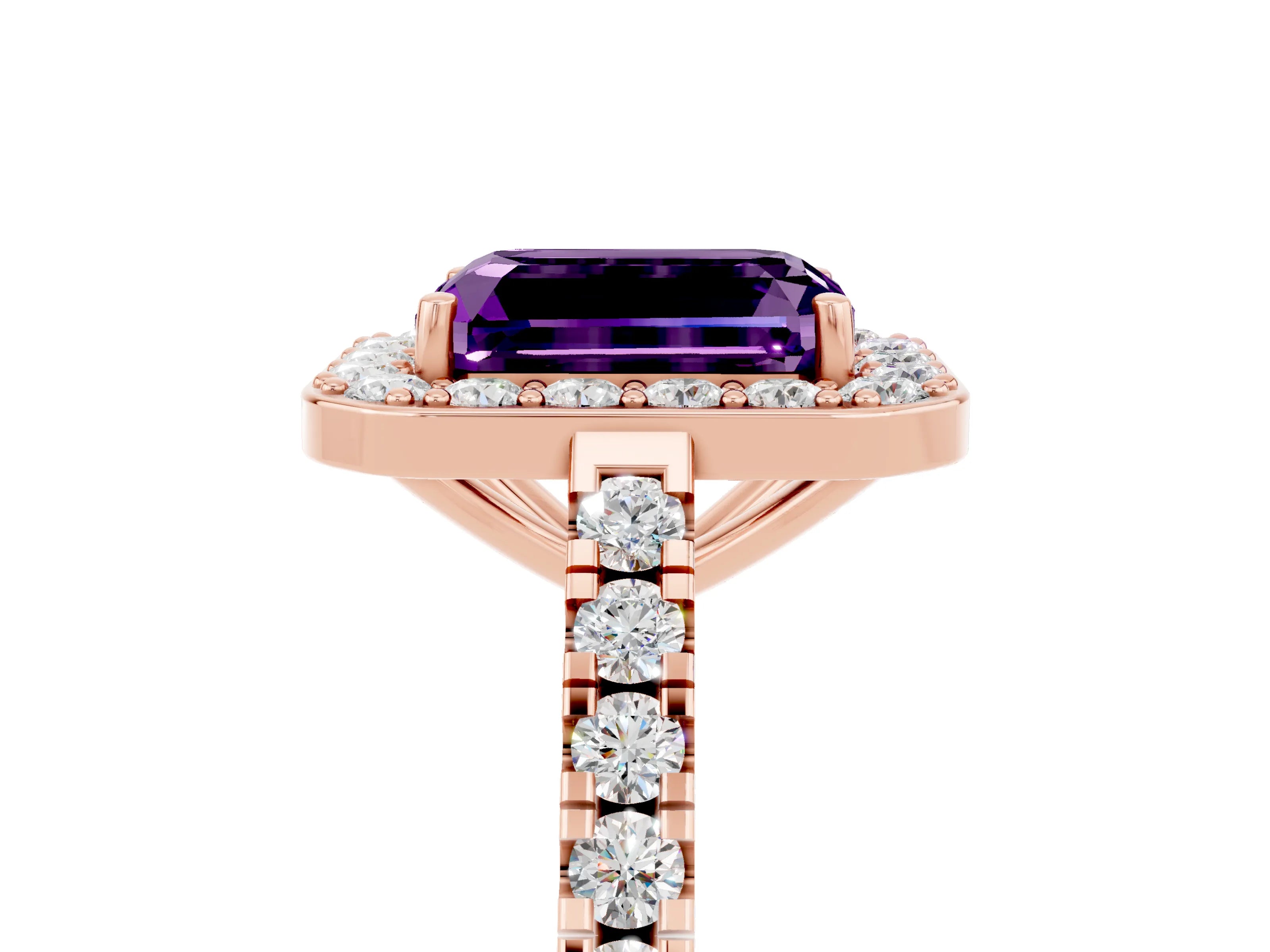 Rose gold Emerald Cut Halo Diamond Ring with Pavé Band and Three-Prong Setting_5