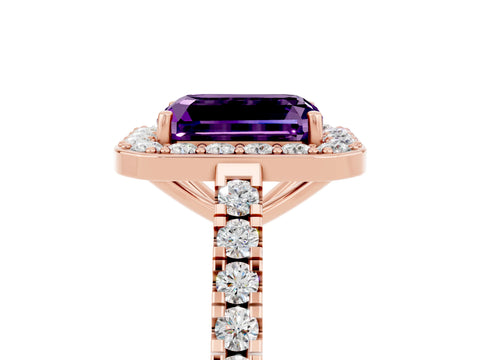 Rose gold Emerald Cut Halo Diamond Ring with Pavé Band and Three-Prong Setting_5