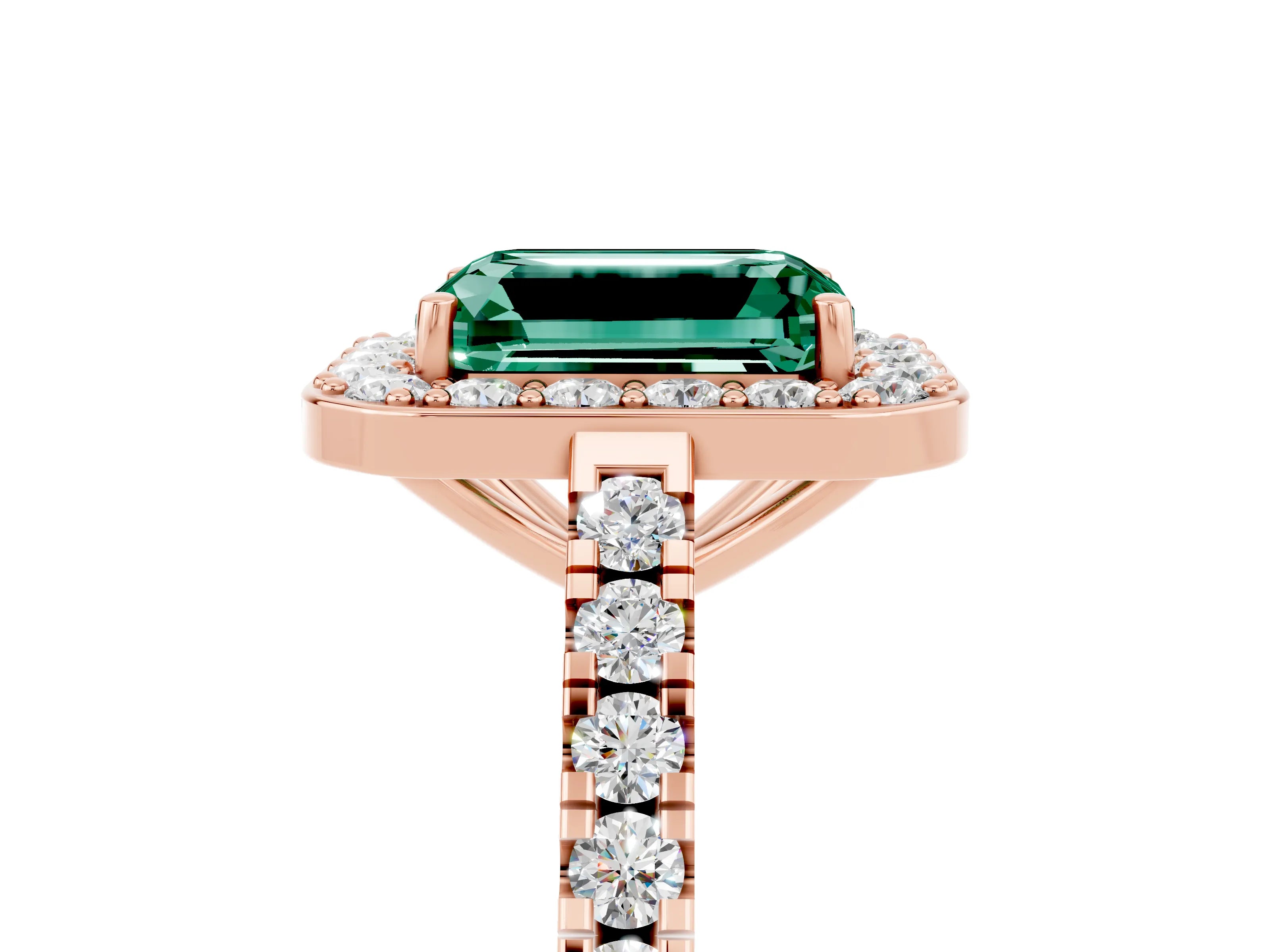 Rose gold Emerald Cut Halo Diamond Ring with Pavé Band and Three-Prong Setting_5