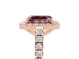 Rose gold Emerald Cut Halo Diamond Ring with Pavé Band and Three-Prong Setting_5