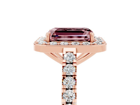 Rose gold Emerald Cut Halo Diamond Ring with Pavé Band and Three-Prong Setting_5