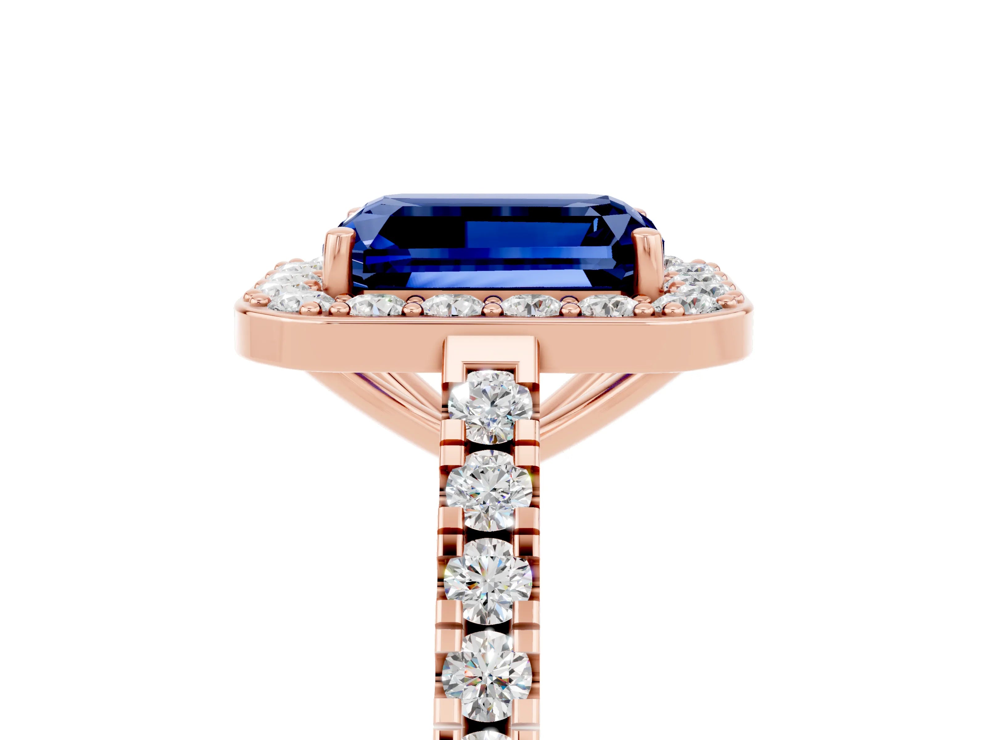 Rose gold Emerald Cut Halo Diamond Ring with Pavé Band and Three-Prong Setting_5