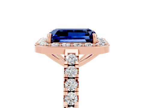 Rose gold Emerald Cut Halo Diamond Ring with Pavé Band and Three-Prong Setting_5