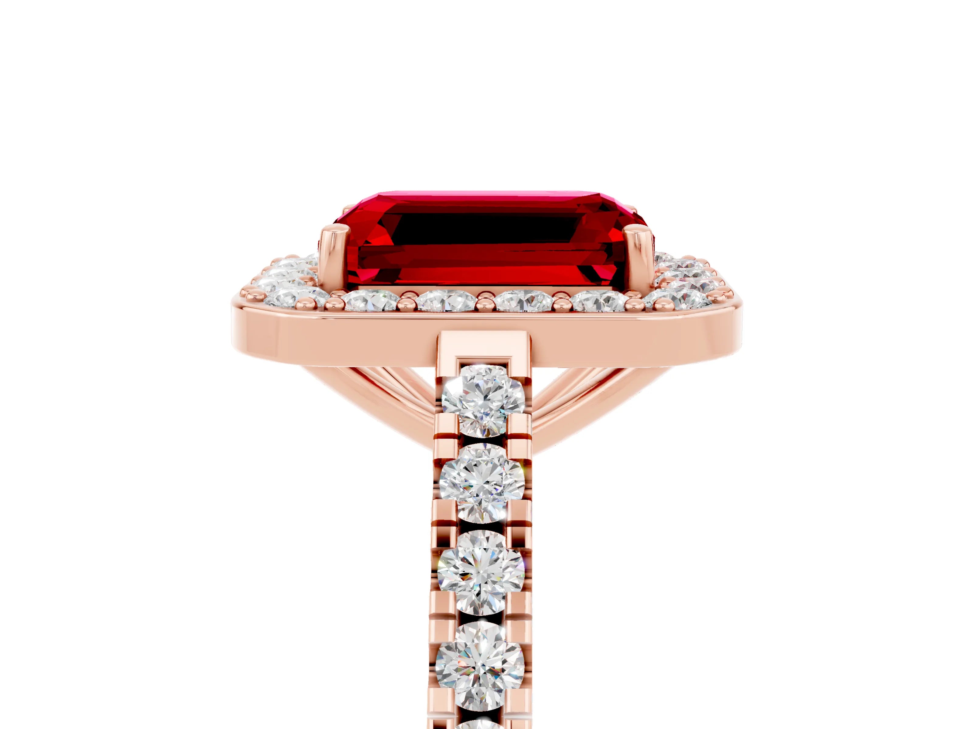 Rose gold Emerald Cut Halo Diamond Ring with Pavé Band and Three-Prong Setting_5