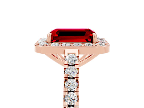 Rose gold Emerald Cut Halo Diamond Ring with Pavé Band and Three-Prong Setting_5