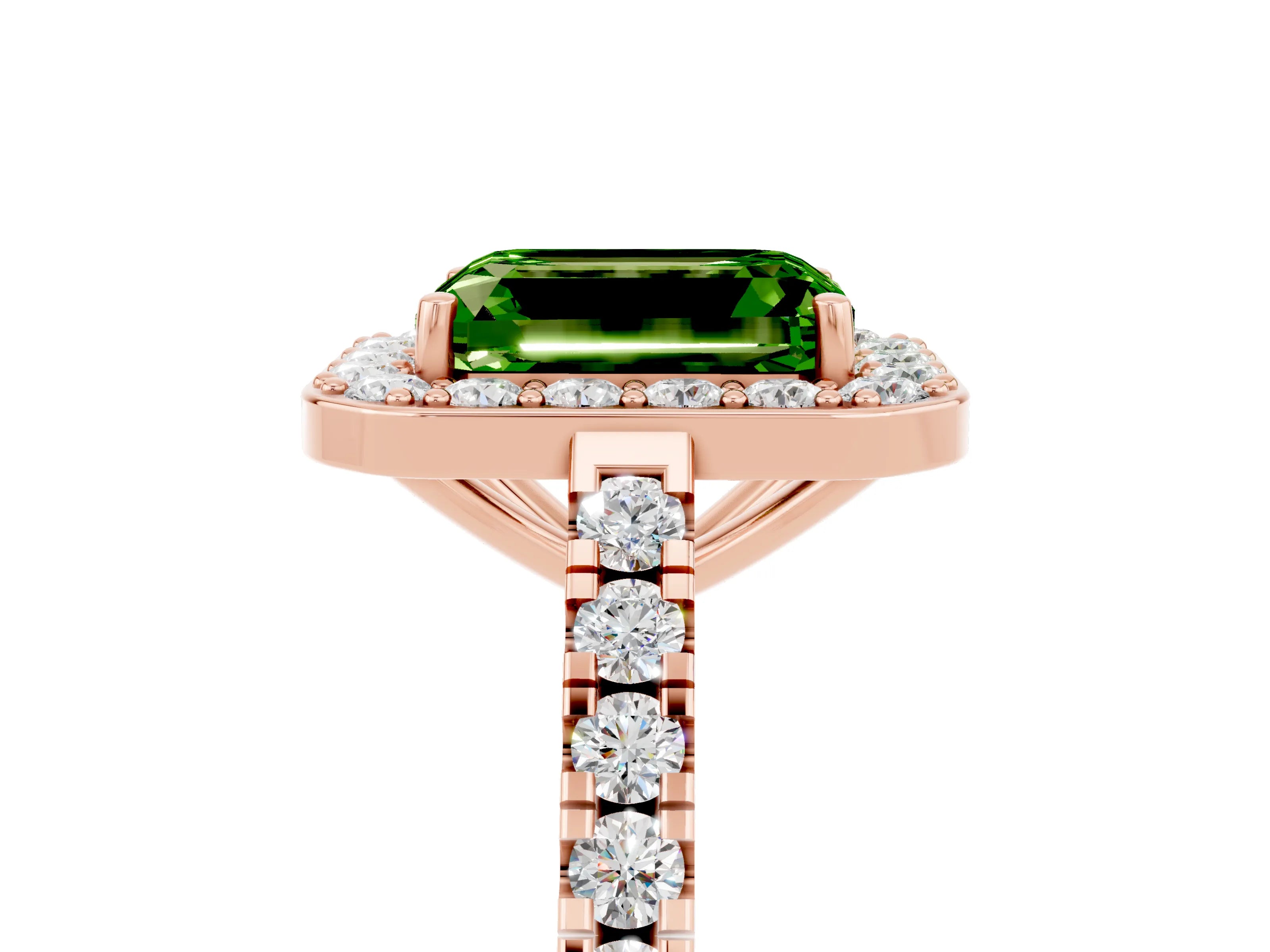 Rose gold Emerald Cut Halo Diamond Ring with Pavé Band and Three-Prong Setting_5