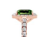 Rose gold Emerald Cut Halo Diamond Ring with Pavé Band and Three-Prong Setting_5