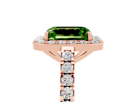 Rose gold Emerald Cut Halo Diamond Ring with Pavé Band and Three-Prong Setting_5